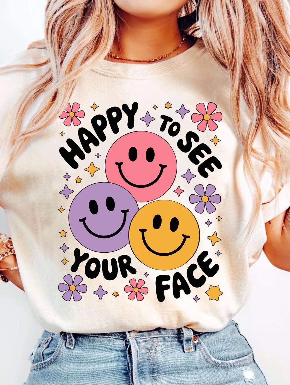 Comfort Colors White Short Sleeve Tee with Pastel Smiley Trio